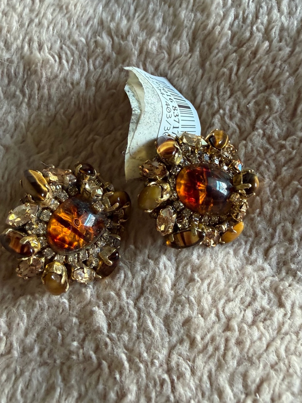 Miriam Haskell Signed Amber Glass Rhinestone Statement Earrings NWT